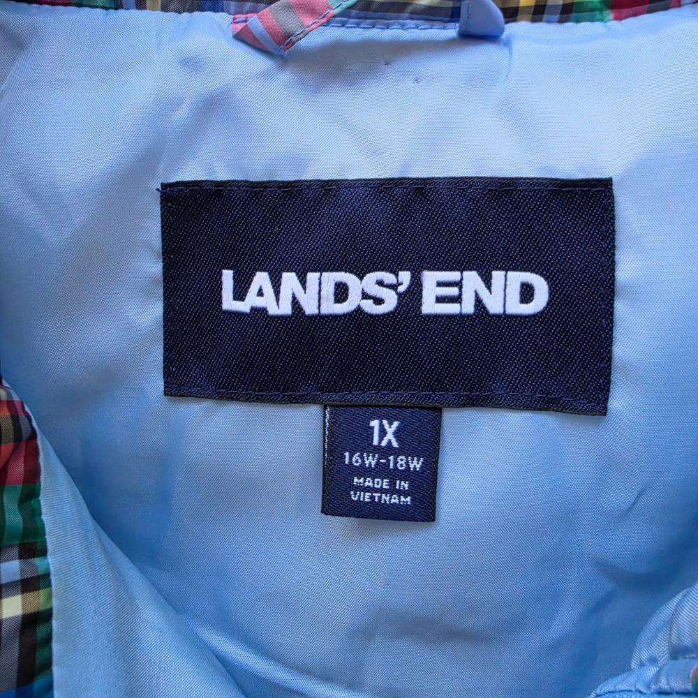 Lands End Womens 1X Plaid Down Puffer Vest Blue Red Green Quilted Zip 16W-18W - Picture 3 of 9